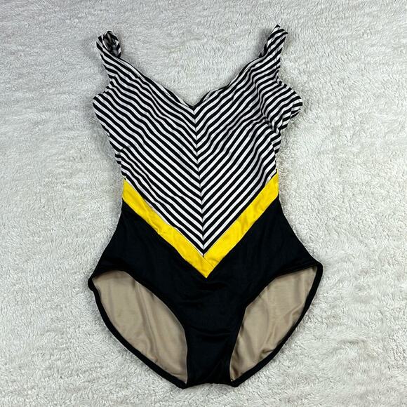 Unbranded Vintage 80s basque waist black and white striped one piece swimsuit 14 - Picture 1 of 11
